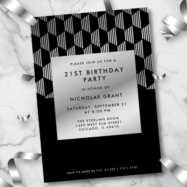 Convite Preto Moderno com Folha de Prata para Aniv (Bold black & faux silver geometric style. Modern design for a chic 21st celebration.
)