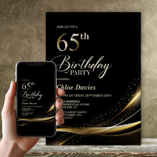 Convite Preto moderno e Dourada 65ª Festa de aniversário