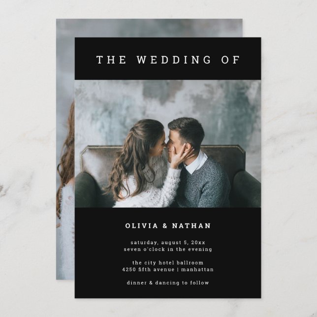Convite Preto moderno e mínimo | Dois Casamento Fotográfic (Frente/Verso)