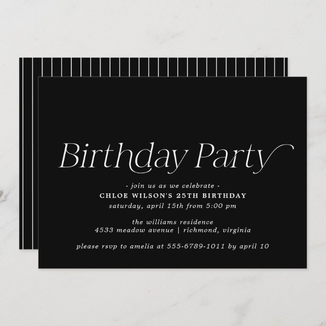 Convite Preto Moderno | Moody Simple Any Age Birthday (Frente/Verso)