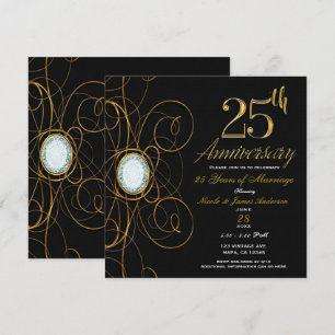 Convite Preto & Ouro Diamante Elegante 25 Aniversário de 2