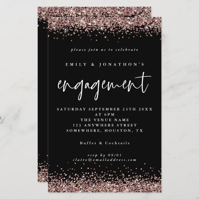 Convite Preto para Noivado Brilhante Dourado do Ro (Frente/Verso)