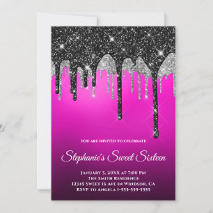 Convite Preto Prata Brilho Magenta Roxo Ombre Sweet 16