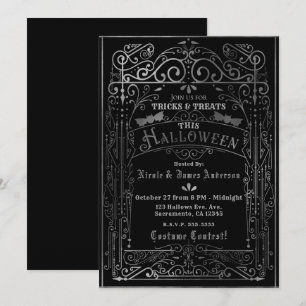 Convite Preto & Prata Deco Halloween Vitoriano Vintage