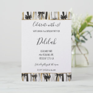 Convite Preto Prata Dourado Glam Fitas & Laços Aniversário