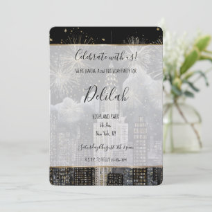Convite Preto Prata Dourado Glam Fogo de Artifício Cidade 
