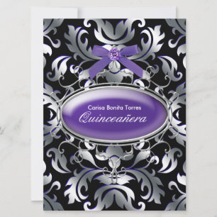 Convite Preto Prata Roxo Damasco Roxo Quinceanera