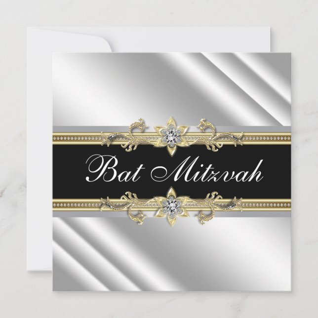 Convite Preto prateado e Dourado Bat Mitzvah (Frente)