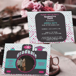 Convite Preto Rosa Azul Turquesa Vintage Graduação Foto Re