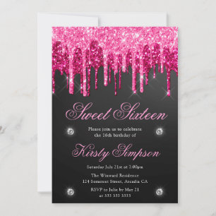 Convite Preto & Rosa Brilhante com Glitter Sweet Sixteen