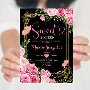Convite Preto Rosa Doze Anos Dourado 16 Anos Menina Aniver