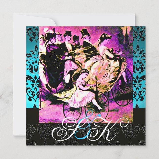 CONVITE PRETO ROSA ROXO BICICLETA CASAMENTO DAMASCO MONOGR (Frente)