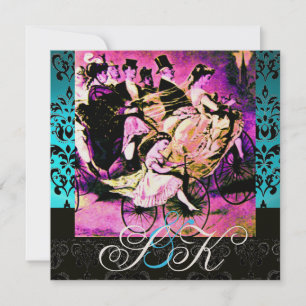 CONVITE PRETO ROSA ROXO BICICLETA CASAMENTO DAMASCO MONOGR