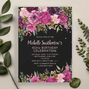 Convite Preto Rosa Roxo Floral Brilho Aniversário de 60 an