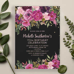 Convite Preto Rosa Roxo Floral Brilho Aniversário de 70 an