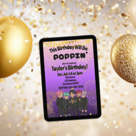 Convite Preto Roxo Dourado KPOP Garotos Poppin' Aniversári