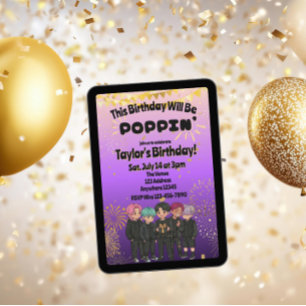 Convite Preto Roxo Dourado KPOP Garotos Poppin' Aniversári