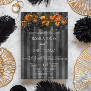 Convite Preto Roxo Laranja Floral Halloween Aquarela