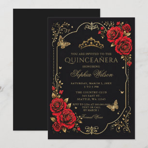 Convite Preto Vermelho Dourado Floral Borboleta Quinceaner