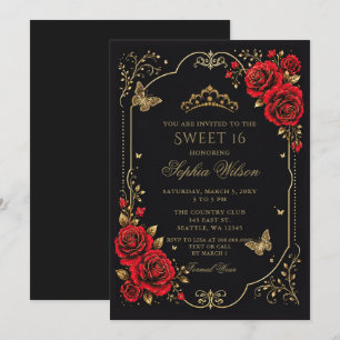 Convite Preto Vermelho Dourado Floral Borboleta Sweet 16