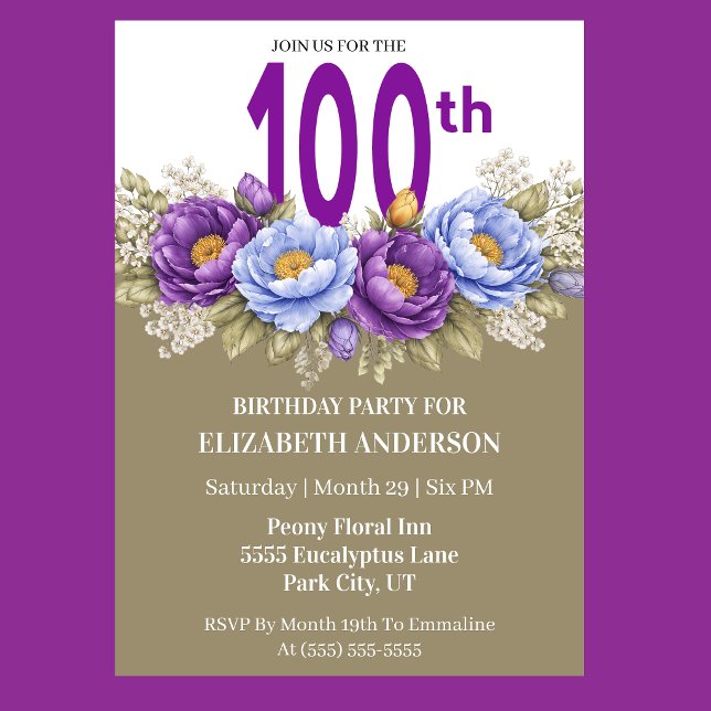 Convite Pretty Blue and Purple Peony 100th Birthday (Elegant blue and purple peony floral 100th birthday invitation)