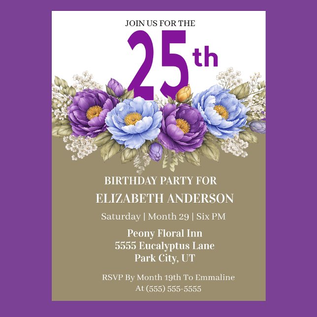 Convite Pretty Blue and Purple Peony 25th Birthday (Elegant 25th birthday invitation with purple and blue peony)