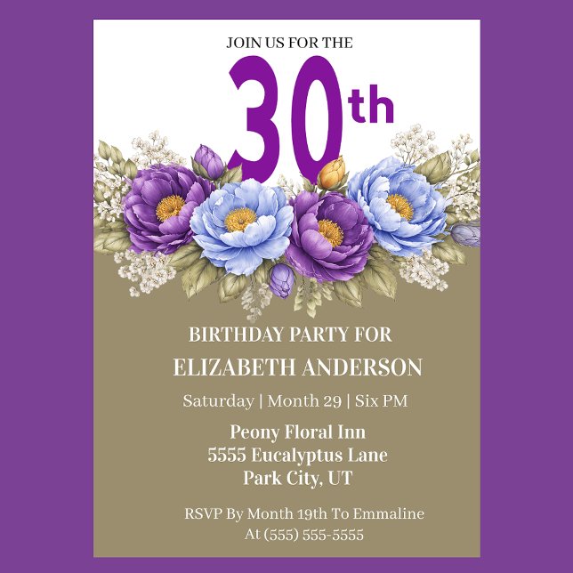 Convite Pretty Blue and Purple Peony 30th Birthday (Elegant 30th birthday invitation with purple and blue watercolor peonies)