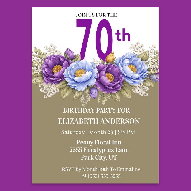 Convite Pretty Blue and Purple Peony 70th Birthday (Elegant 70th birthday invitation with purple and blue peony flowers)