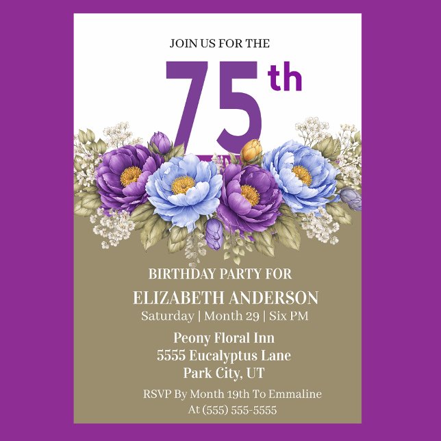 Convite Pretty Blue and Purple Peony 75th Birthday (Elegant 75th birthday invitation with blue and purple peony flowers)