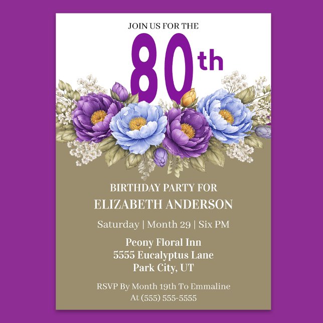 Convite Pretty Blue and Purple Peony 80th Birthday (Elegant 80th birthday invitation with purple and blue peony flowers)