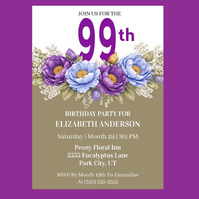 Convite Pretty Blue and Purple Peony 99th Birthday (Elegant blue and purple peony floral 99th birthday invitation)