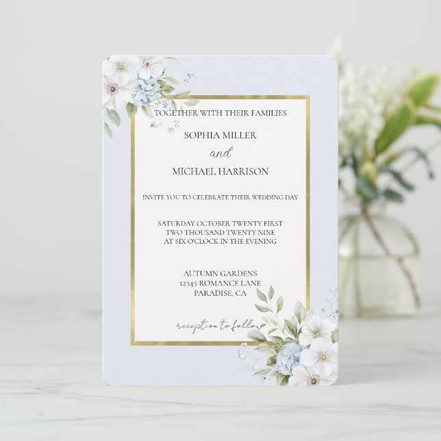 Convite Pretty Blue White Floral Wedding (Em pé/Frente)