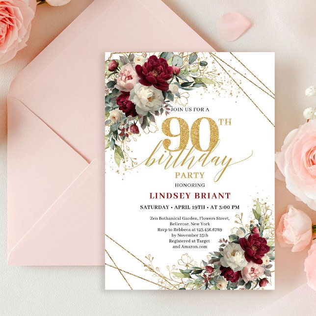 Convite Pretty Blush Gold Floral 90th Birthday Invitation  (Pretty Blush Gold Floral 90th Birthday Invitation Card

)