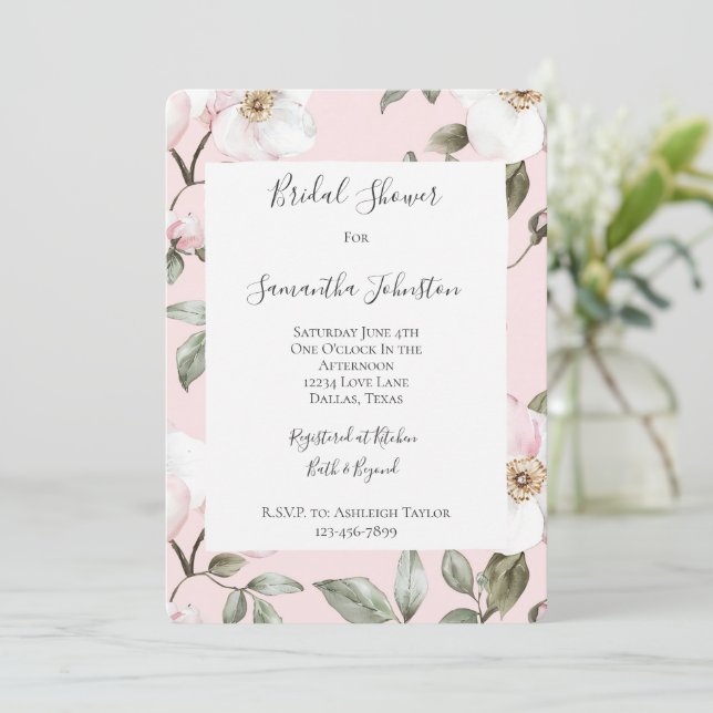 Convite Pretty Blush Pink White Flowers Bridal Shower (Em pé/Frente)