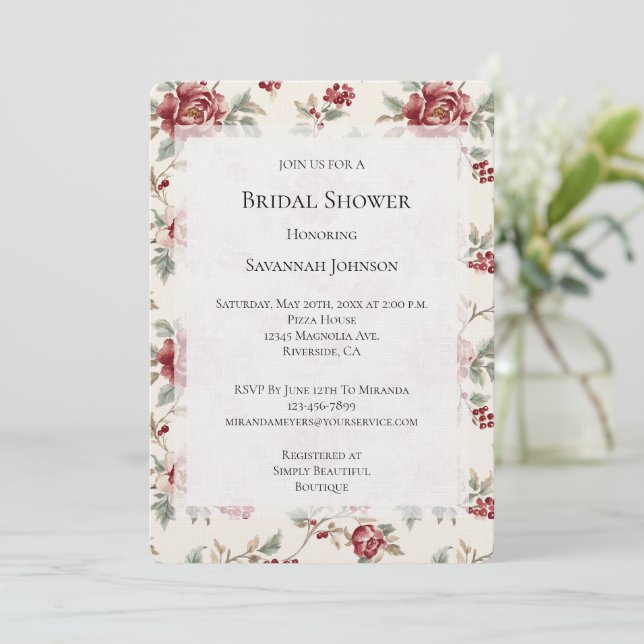 Convite Pretty Chic Red Cream Floral Bridal Shower (Em pé/Frente)