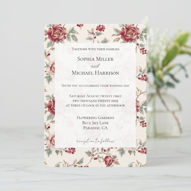 Convite Pretty Chic Red Cream Floral Wedding (Em pé/Frente)