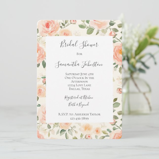 Convite Pretty Cream Peach Floral Bridal Shower (Em pé/Frente)
