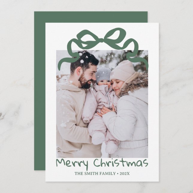 Convite Pretty cute Christmas Green Bow Photo card  (Frente/Verso)