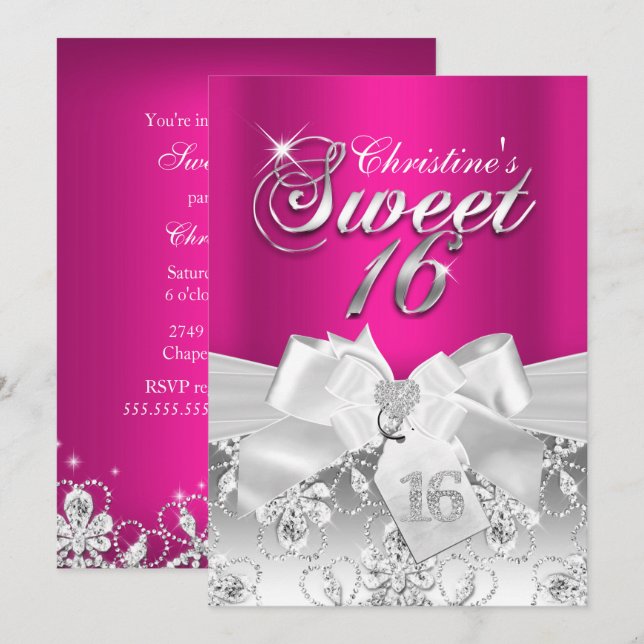 Convite Pretty Diamond Bow Hot Pink Sweet 16 (Frente/Verso)