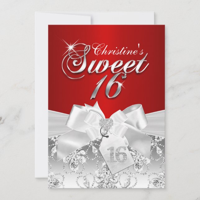 Convite Pretty Diamond Bow Red Sweet 16 (Frente)