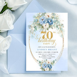 Convite Pretty Dusty Blue Peonies 70th Birthday Invitation