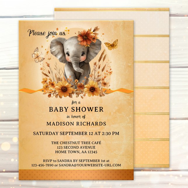 Convite Pretty Elephant Terra Cotta Fall Baby Shower (Gender neutral baby shower invitation featuring a pretty watercolor elephant on terra cotta )