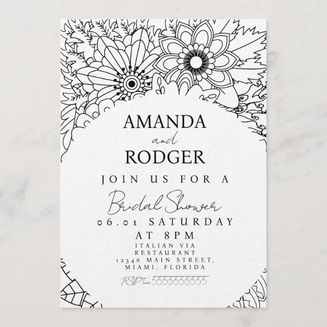 Convite Pretty Floral Doodles Black White Bridal Shower (Frente)