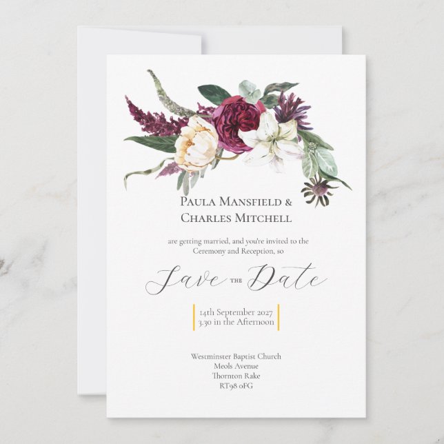 Convite Pretty Floral Save the Date, Wedding Invitation (Frente)