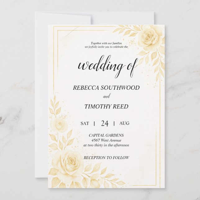 Convite Pretty Gold and White Wedding Invitation (Frente)