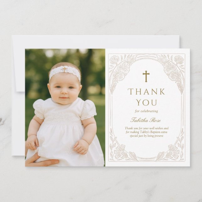 Convite Pretty Gold Floral Baptism Thank You Card (Frente)