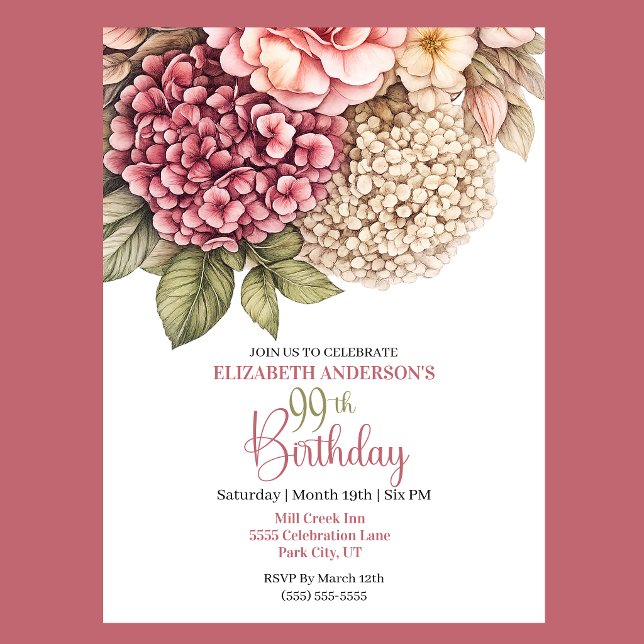 Convite Pretty Hydrangea Rose 99th Birthday (Pretty Hydrangea and Rose 99th Birthday invitation For Women.)