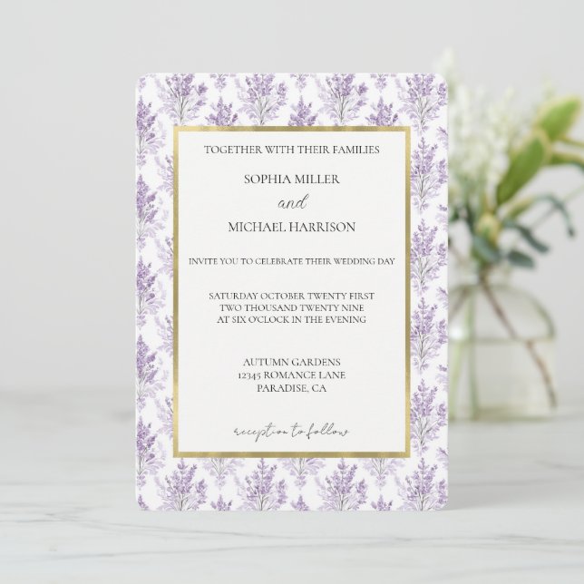 Convite Pretty Lavender Flowers Wedding (Em pé/Frente)
