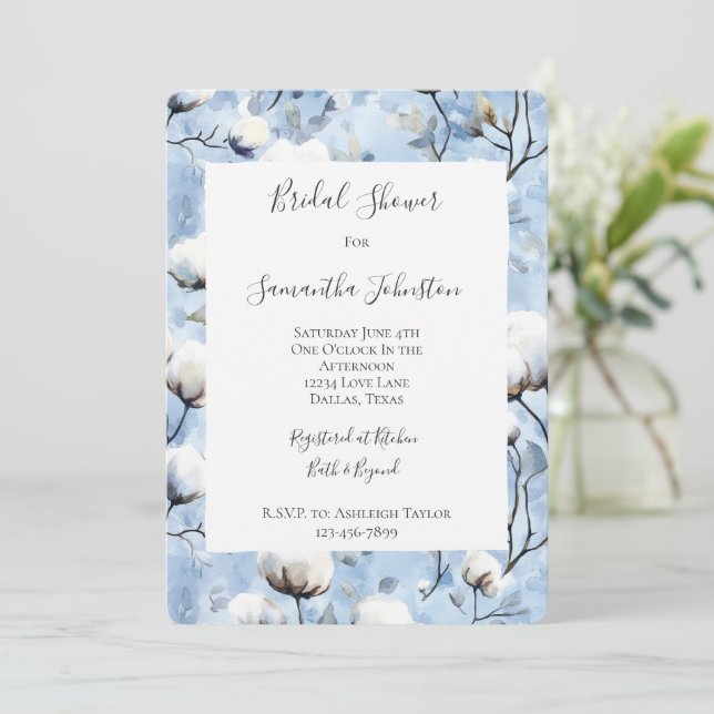 Convite Pretty Light Blue White Floral Bridal Shower (Em pé/Frente)