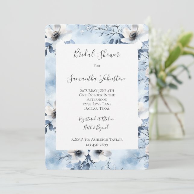 Convite Pretty Light Blue White Flowers Bridal Shower (Em pé/Frente)